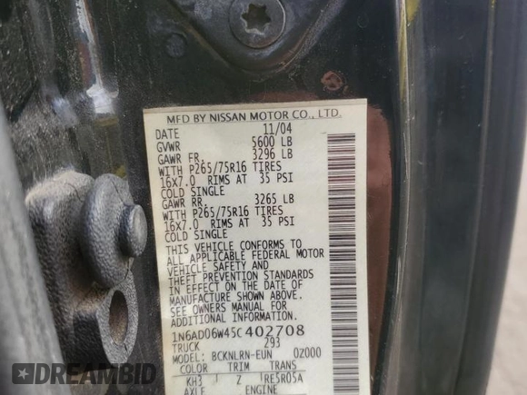 2005 Nissan Frontier SE with VIN 1N6AD06W45C402708, listed as a Copart auction lot 43715675 with 174,745 mi miles and Salvage title. Bid and sale history available at DreamBid. Image 14.