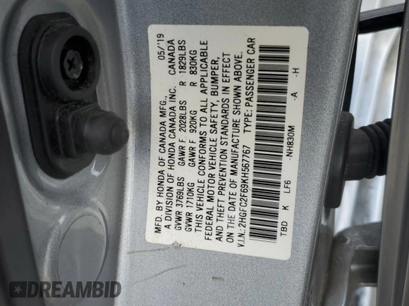 2019 Honda Civic LX with VIN 2HGFC2F69KH567767, listed as a Copart auction lot 52069575 with 102,259 mi miles and Non Repairable. Bid and sale history available at DreamBid. Image 14.