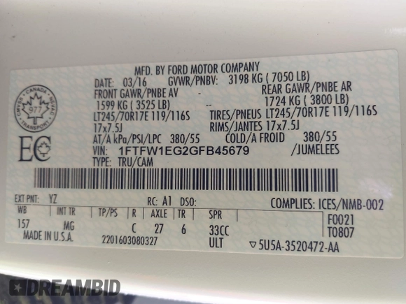 2016 Ford F-150 XLT с VIN 1FTFW1EG2GFB45679, выставлен на аукционе IAAI как лот 41722329 с пробегом Не указан миль и . История ставок и продаж доступна на DreamBid. Изображение 9.