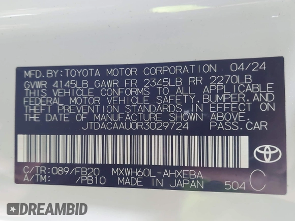 2024 Toyota Prius LE with VIN JTDACAAU0R3029724, listed as a IAAI auction lot 41936877 with 18,364 mi miles. Bid and sale history available at carsss.com. Image 9.