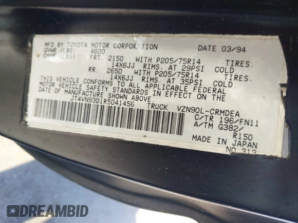 1994 Toyota Pickup с VIN JT4VN93D1R5041456, выставлен на аукционе IAAI как лот 41916959 с пробегом 181 307 миль миль и . История ставок и продаж доступна на DreamBid. Изображение 9.