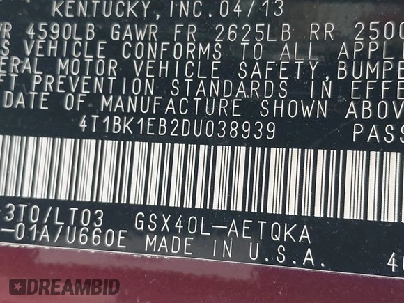 2013 Toyota Avalon XLE with VIN 4T1BK1EB2DU038939, listed as a IAAI auction lot 41983523 with 126,195 mi miles and . Bid and sale history available at DreamBid. Image 9.