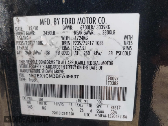 2011 Ford F-150 XL with VIN 1FTEX1CM3BFA49537, listed as a IAAI auction lot 42055511 with 187,253 mi miles and . Bid and sale history available at DreamBid. Image 9.