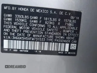 2015 Honda Fit LX with VIN 3HGGK5H5XFM731533, listed as a IAAI auction lot 41601419 with 53,922 mi miles. Bid and sale history available at carsss.com. Image 9.