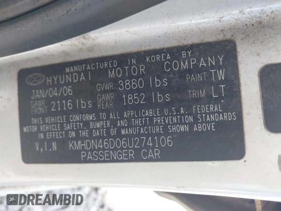2006 Hyundai Elantra GLS with VIN KMHDN46D06U274106, listed as a IAAI auction lot 42156776 with 120,064 mi miles and . Bid and sale history available at DreamBid. Image 9.