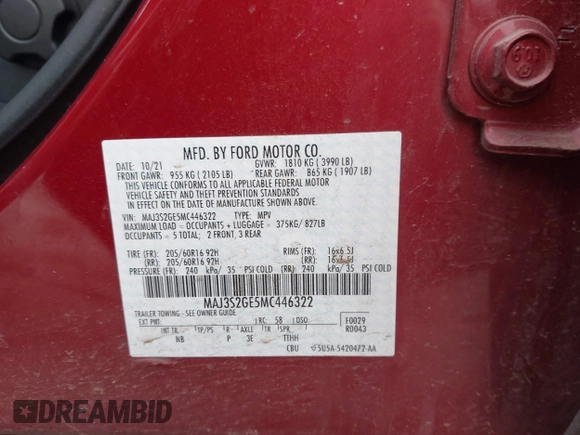 2021 Ford EcoSport SE with VIN MAJ3S2GE5MC446322, listed as a IAAI auction lot 41632504 with 36,592 mi miles and . Bid and sale history available at DreamBid. Image 9.