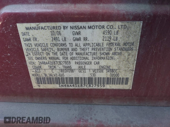 2007 Nissan Maxima SE z VIN 1N4BA41E87C827959, wystawiony jako IAAI lot #42225192 z przebiegiem 71 834 mil mil oraz . Historia ofert i sprzedaży dostępna na DreamBid. Obrazek 9.