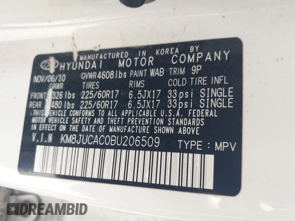 2011 Hyundai Tucson Limited with VIN KM8JUCAC0BU206509, listed as a IAAI auction lot 42034266 with 185,989 mi miles and . Bid and sale history available at DreamBid. Image 9.