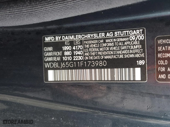 2001 Mercedes-Benz CLK-Class with VIN WDBLJ65G11F173980, listed as a Copart auction lot 87249744 with 0 mi miles and Clean Title. Bid and sale history available at carsss.com. Image 12.