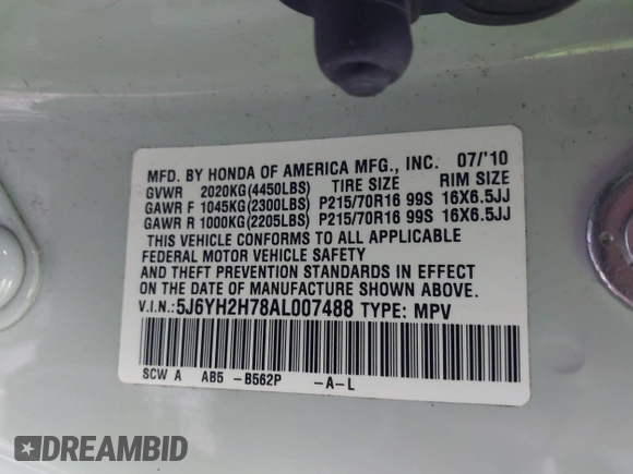 2010 Honda Element EX with VIN 5J6YH2H78AL007488, listed as a IAAI auction lot 41973820 with 181,389 mi miles and . Bid and sale history available at DreamBid. Image 9.