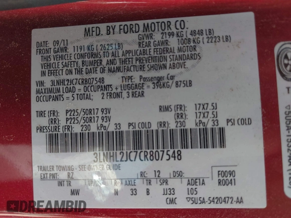 2012 Lincoln MKZ with VIN 3LNHL2JC7CR807548, listed as a IAAI auction lot 41898059 with 109,696 mi miles and . Bid and sale history available at carsss.com. Image 9.