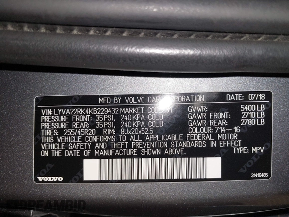 2019 Volvo XC60 Momentum with VIN LYVA22RK4KB229432, listed as a IAAI auction lot 42419336 with 67,179 mi miles and . Bid and sale history available at DreamBid. Image 9.