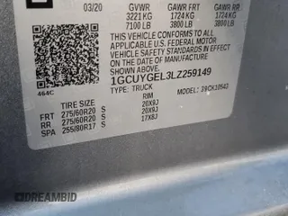 2020 Chevrolet Silverado 1500 LTZ with VIN 1GCUYGEL3LZ259149, listed as a Copart auction lot 86646244 with 84,499 mi miles and Salvage Title. Bid and sale history available at DreamBid. Image 12.