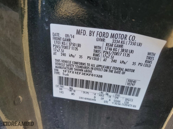 2014 Ford F-150 XL with VIN 1FTFX1EF3EKF61328, listed as a Copart auction lot 50174925 with 207,850 mi miles and Salvage Title. Bid and sale history available at carsss.com. Image 14.