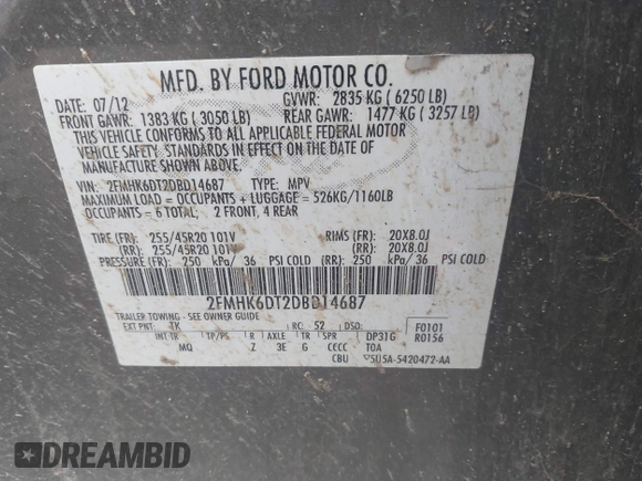 2013 Ford Flex Limited z VIN 2FMHK6DT2DBD14687, wystawiony jako IAAI lot #41045202 z przebiegiem Nie podano mil oraz . Historia ofert i sprzedaży dostępna na DreamBid. Obrazek 9.