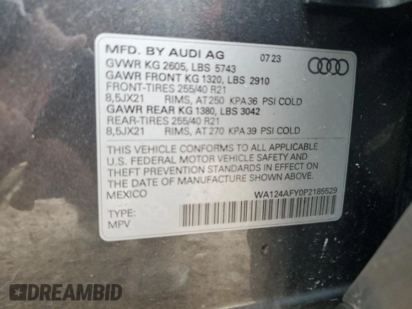 2023 Audi SQ5 Sportback Premium Plus z VIN WA124AFY0P2185529, wystawiony jako Copart lot #85858434 z przebiegiem 14 976 mil mil oraz Szkoda całkowita • Salvage title. Historia ofert i sprzedaży dostępna na DreamBid. Obrazek 14.