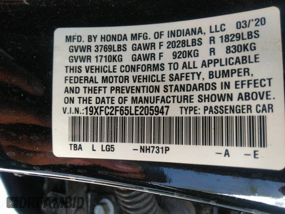 2020 Honda Civic Sedan LX with VIN 19XFC2F65LE205947, listed as a IAAI auction lot 33199503 with 1 mi miles. Bid and sale history available at carsss.com. Image 9.