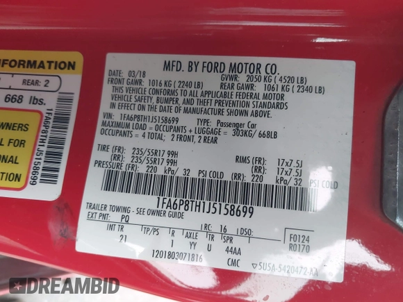 2018 Ford Mustang EcoBoost with VIN 1FA6P8TH1J5158699, listed as a IAAI auction lot 41185702 with 128,862 mi miles and . Bid and sale history available at carsss.com. Image 9.