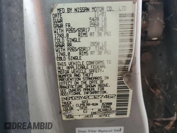 2002 Nissan Frontier SC with VIN 1N6MD29Y42C327462, listed as a Copart auction lot 55383605 with Not provided miles and Clean title. Bid and sale history available at DreamBid. Image 12.