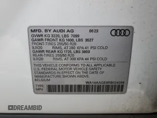 2024 Audi Q8 e-tron Premium z VIN WA14AAGE9RB024394, wystawiony jako Copart lot #69722074 z przebiegiem 18 444 mil mil oraz Szkoda całkowita • Salvage title. Historia ofert i sprzedaży dostępna na DreamBid. Obrazek 15.