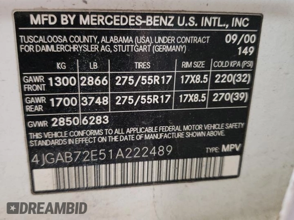 2001 Mercedes-Benz M 320/430/500 with VIN 4JGAB72E51A222489, listed as a Copart auction lot 51674925 with 226,108 mi miles and Clean title. Bid and sale history available at DreamBid. Image 14.