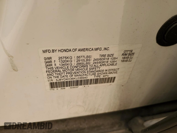 2019 Acura MDX with VIN 5J8YD4H36KL036940, listed as a Copart auction lot 47682395 with 0 mi miles and Salvage Title. Bid and sale history available at carsss.com. Image 15.