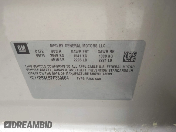 2015 Chevrolet Malibu LT with VIN 1G11D5SL5FF330664, listed as a IAAI auction lot 42156178 with 138,366 mi miles and . Bid and sale history available at DreamBid. Image 9.