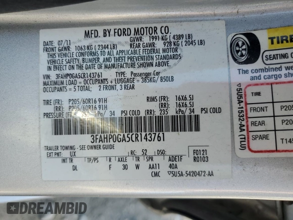 2012 Ford Fusion S with VIN 3FAHP0GA5CR143761, listed as a Copart auction lot 50675795 with 184,953 mi miles and Salvage Title. Bid and sale history available at carsss.com. Image 12.