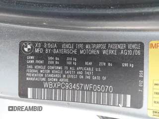 2007 BMW X3 3.0si with VIN WBXPC93457WF05070, listed as a IAAI auction lot 41962645 with Not Provided miles and . Bid and sale history available at DreamBid. Image 9.