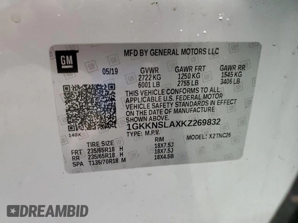 2019 GMC Acadia SLE with VIN 1GKKNSLAXKZ269832, listed as a Copart auction lot 76546764 with Not Provided miles and Salvage Title. Bid and sale history available at DreamBid. Image 14.
