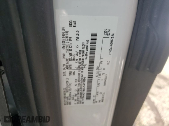 2020 Ford Transit Passenger XL z VIN 1FBAX2Y89LKA75296, wystawiony jako Copart lot #42430065 z przebiegiem Nie podano mil oraz Szkoda całkowita • Salvage title. Historia ofert i sprzedaży dostępna na DreamBid. Obrazek 13.