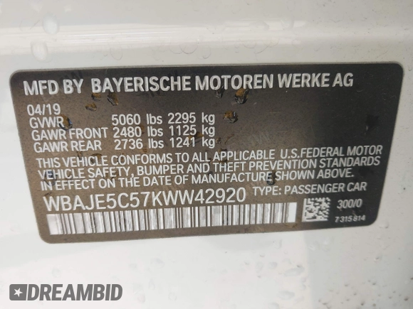 2019 BMW 5 Series 540i with VIN WBAJE5C57KWW42920, listed as a IAAI auction lot 42465733 with 37,844 mi miles and . Bid and sale history available at DreamBid. Image 9.