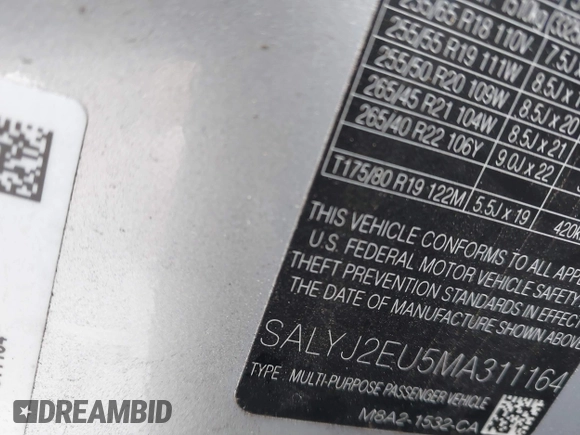2021 Land Rover Range Rover Velar with VIN SALYJ2EU5MA311164, listed as a IAAI auction lot 41429251 with 47,924 mi miles and . Bid and sale history available at DreamBid. Image 9.