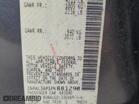 2015 Nissan Altima 2.5 S with VIN 1N4AL3AP1FN881298, listed as a Copart auction lot 53643495 with 87,079 mi miles and Salvage Title. Bid and sale history available at carsss.com. Image 12.