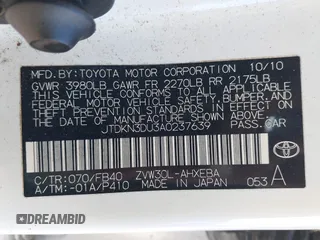 2010 Toyota Prius II with VIN JTDKN3DU3A0237639, listed as a IAAI auction lot 42108093 with 202,901 mi miles. Bid and sale history available at carsss.com. Image 9.