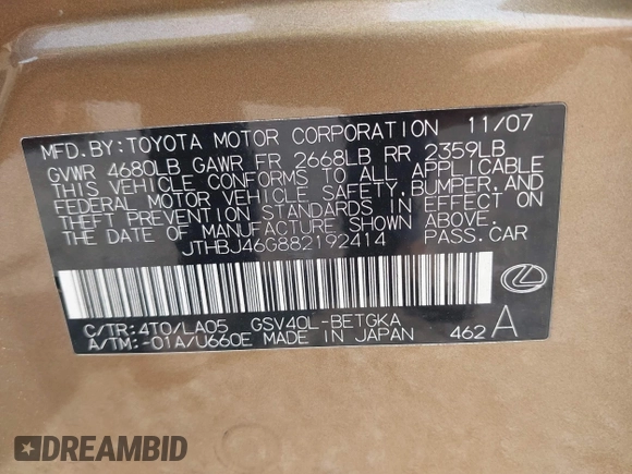 2008 Lexus ES 330 с VIN JTHBJ46G882192414, выставлен на аукционе IAAI как лот 42480488 с пробегом 222 699 миль миль и . История ставок и продаж доступна на DreamBid. Изображение 9.