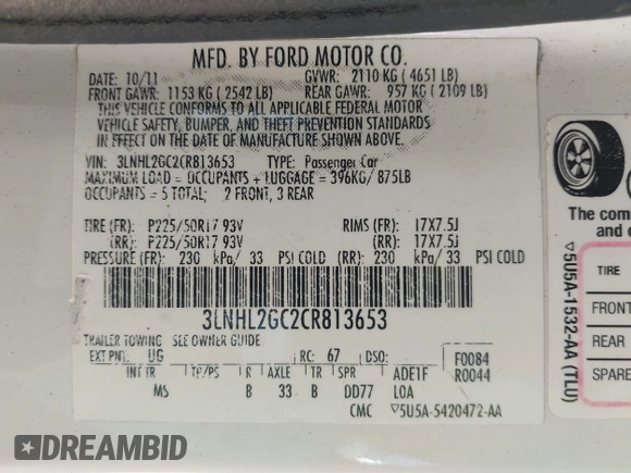 2012 Lincoln MKZ with VIN 3LNHL2GC2CR813653, listed as a IAAI auction lot 41751793 with 216,961 mi miles and . Bid and sale history available at DreamBid. Image 9.