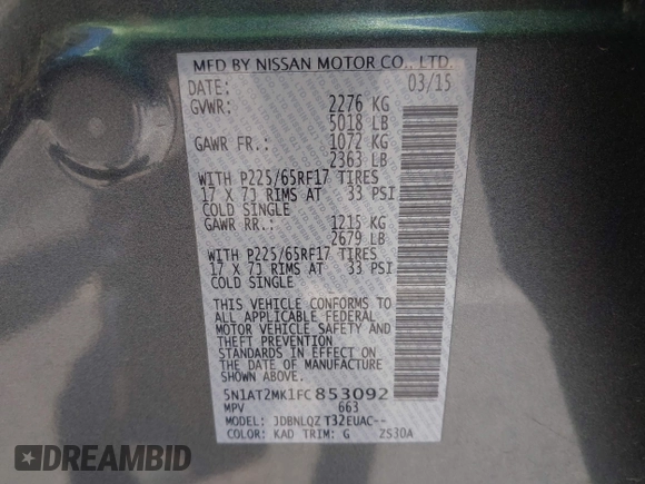 2015 Nissan Rogue SV z VIN 5N1AT2MK1FC853092, wystawiony jako IAAI lot #42327990 z przebiegiem 92 794 mil mil oraz . Historia ofert i sprzedaży dostępna na DreamBid. Obrazek 9.