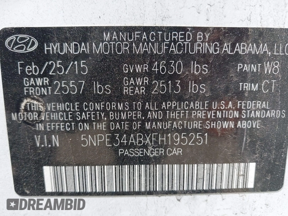 2015 Hyundai Sonata Sport with VIN 5NPE34ABXFH195251, listed as a IAAI auction lot 42002496 with 142,381 mi miles and . Bid and sale history available at carsss.com. Image 9.