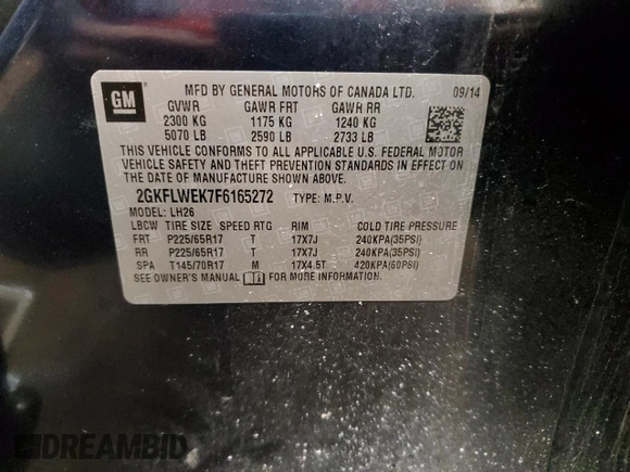 2015 GMC Terrain SLE with VIN 2GKFLWEK7F6165272, listed as a Copart auction lot 45759765 with 109,069 mi miles and Salvage Title. Bid and sale history available at DreamBid. Image 15.