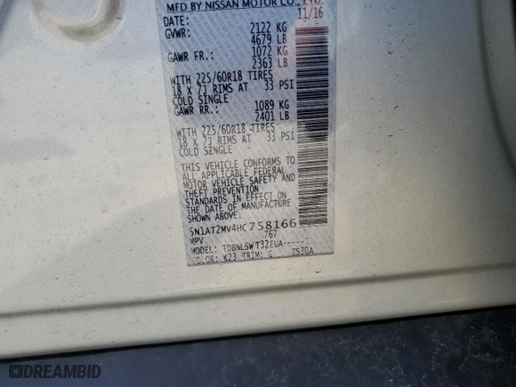 2017 Nissan Rogue SV with VIN 5N1AT2MV4HC758166, listed as a Copart auction lot 49871065 with 0 mi miles and Salvage Title. Bid and sale history available at carsss.com. Image 13.