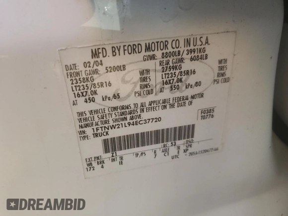 2004 Ford F-250 XL with VIN 1FTNW21L94EC37720, listed as a Copart auction lot 55412095 with 145,255 mi miles and Salvage title. Bid and sale history available at DreamBid. Image 12.