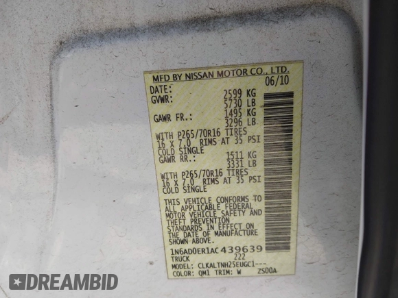 2010 Nissan Frontier SE with VIN 1N6AD0ER1AC439639, listed as a IAAI auction lot 42044296 with 101,804 mi miles and . Bid and sale history available at DreamBid. Image 9.