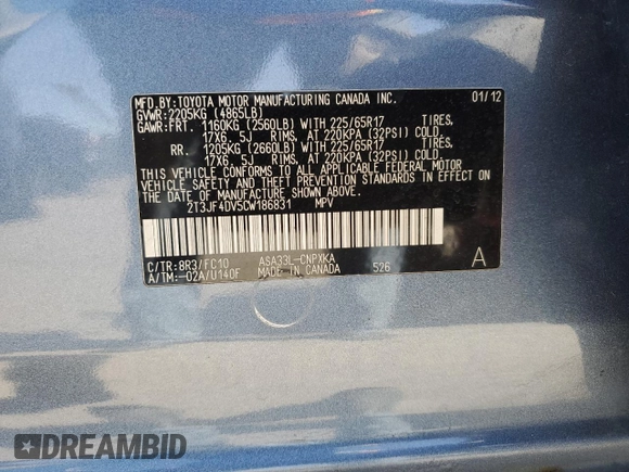 2012 Toyota RAV4 with VIN 2T3JF4DV5CW186831, listed as a Copart auction lot 55479505 with 129,332 mi miles and Salvage Title. Bid and sale history available at carsss.com. Image 13.