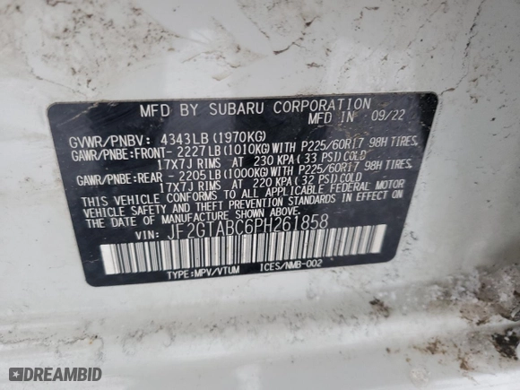 2023 Subaru Crosstrek with VIN JF2GTABC6PH261858, listed as a Copart auction lot 43130795 with 92,052 mi miles and Salvage Title. Bid and sale history available at carsss.com. Image 14.