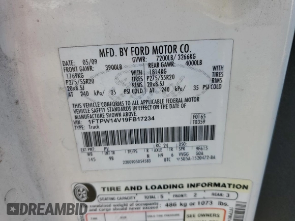 2009 Ford F-150 XL with VIN 1FTPW14V19FB17234, listed as a Copart auction lot 53957085 with 0 mi miles and Salvage Title. Bid and sale history available at carsss.com. Image 12.