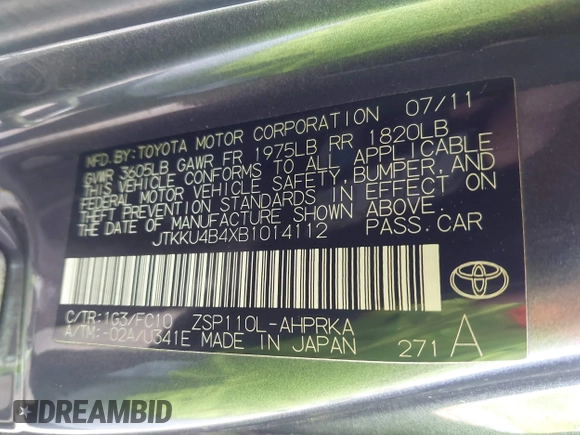 2011 Scion xD with VIN JTKKU4B4XB1014112, listed as a IAAI auction lot 42261915 with 202,078 mi miles and . Bid and sale history available at DreamBid. Image 9.