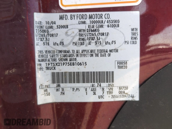 2005 Ford F-250 XL with VIN 1FTSX21P75EB10615, listed as a Copart auction lot 61637255 with 188,814 mi miles and Clean title. Bid and sale history available at DreamBid. Image 12.