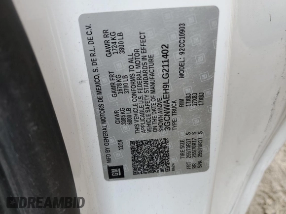 2020 Chevrolet Silverado 1500 Work Truck with VIN 3GCNWAEH9LG211402, listed as a Copart auction lot 83461904 with Not Provided miles and Salvage Title. Bid and sale history available at DreamBid. Image 12.
