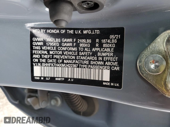 2021 Honda Civic Sport with VIN SHHFK7H4XMU422397, listed as a Copart auction lot 50767515 with 87,010 mi miles and Salvage Title. Bid and sale history available at DreamBid. Image 15.